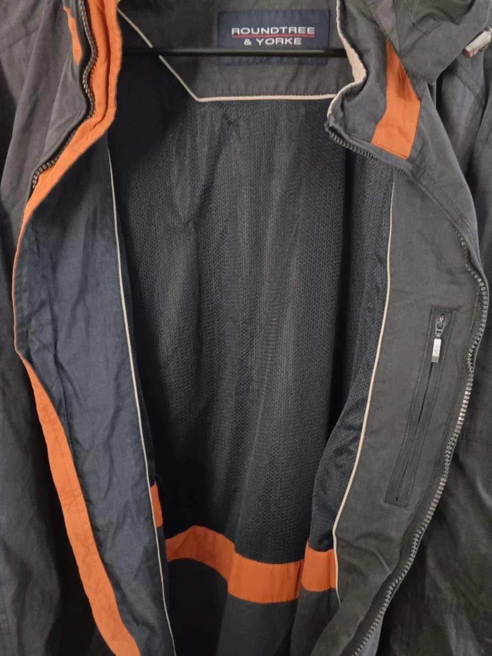 Roundtree & Yorke Grey Hooded Raincoat with Rust Accent